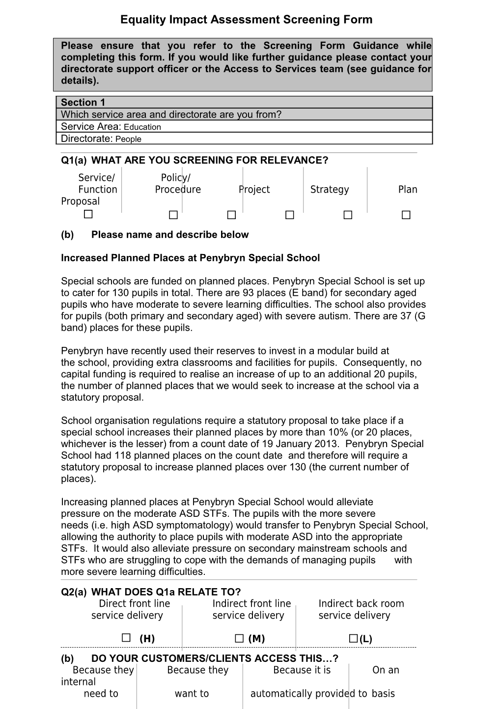 Equality Impact Assessment Screening Tool