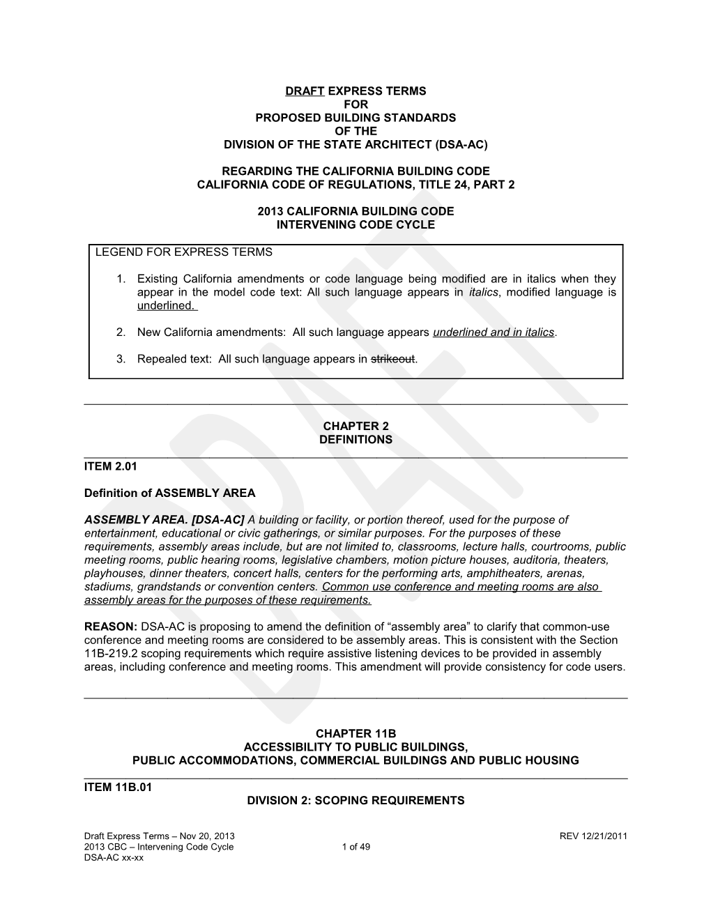 Draft Express Terms for Proposed Building Standards of the Division of the State Architect