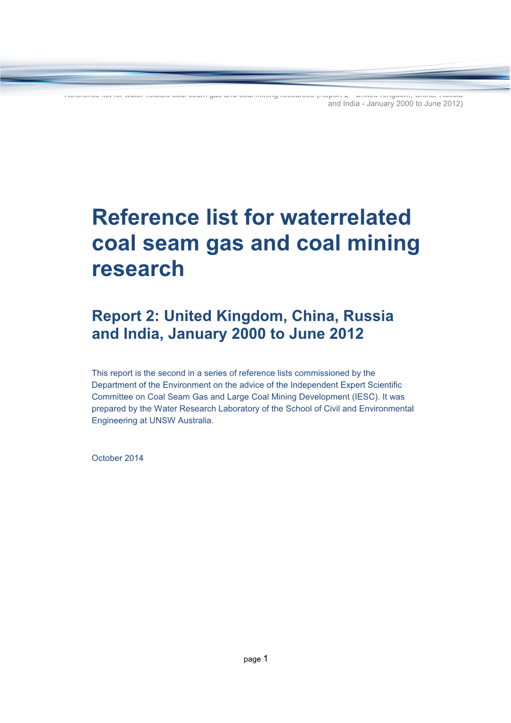 Reference List for Water Related Coal Seam Gas and Coal Mining Research, Report 2: United