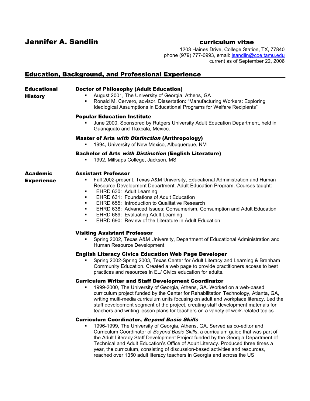 Jennifer A. Sandlin Curriculum Vitae