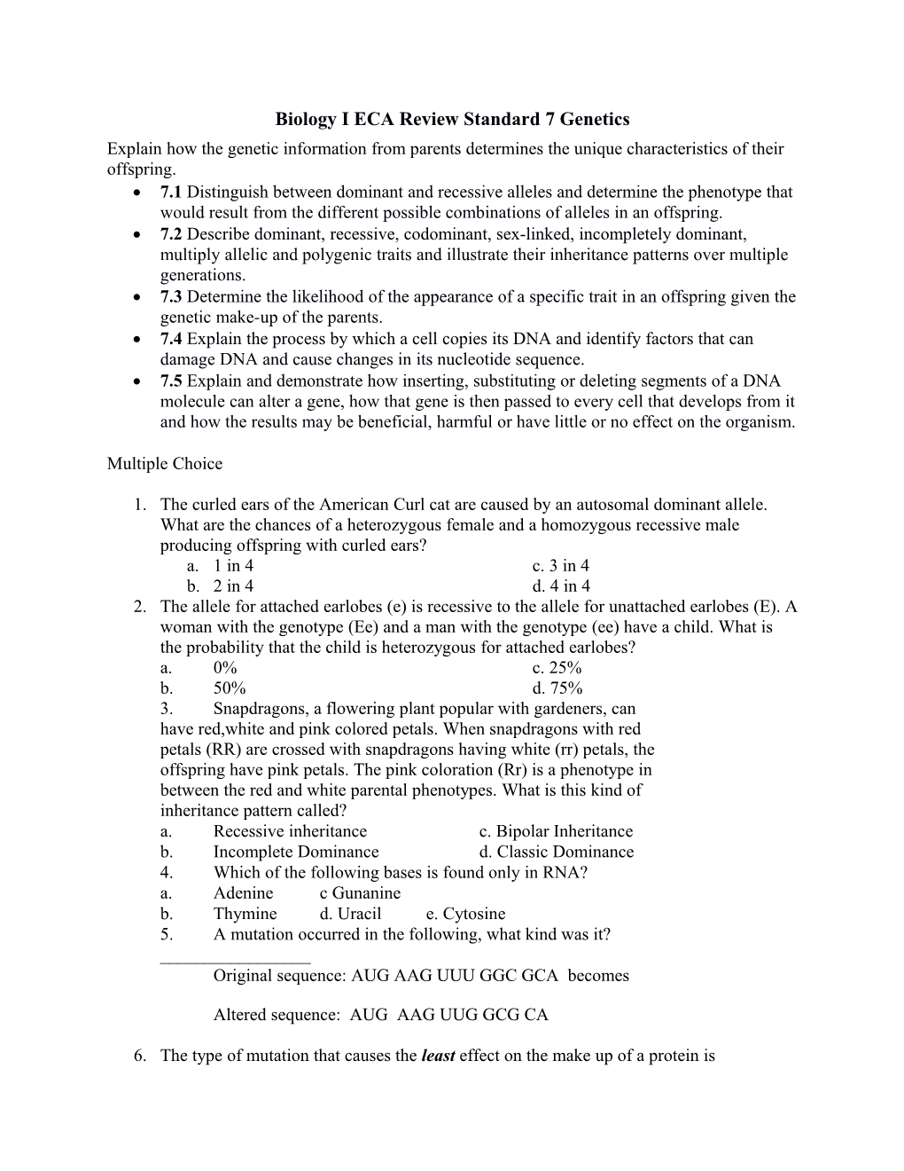 Biology I ECA Review Standard 7 Genetics