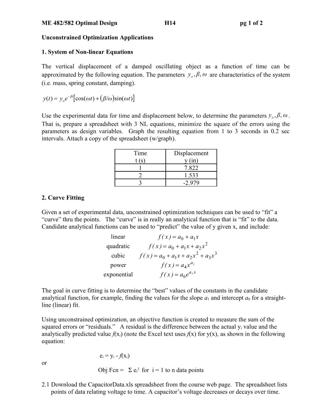 Unconstrained Optimization Application: Curve Fitting