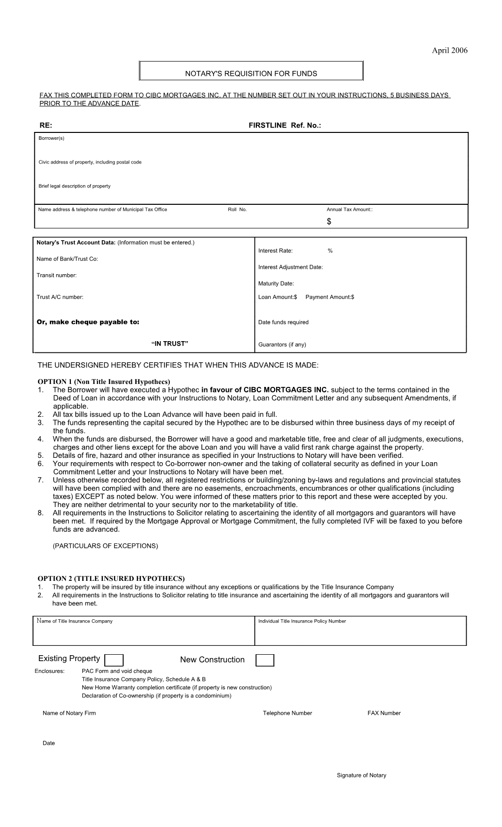 Fax This Completed Form to Services Hypothécaires Cibc Inc