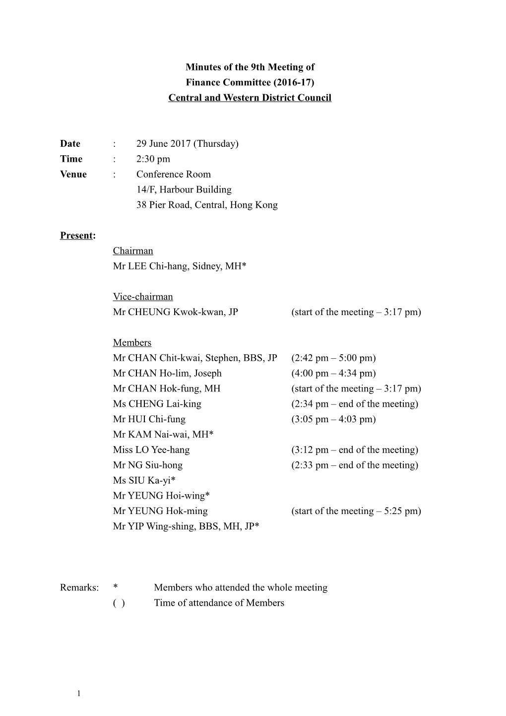 Minutes of the 9Th Meeting of Finance Committee (2016-17) Central and Western District Council