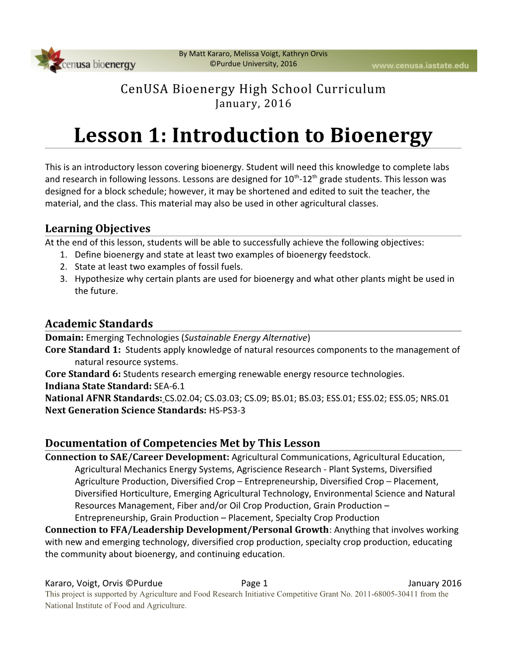 Cenusa Bioenergy High School Curriculum January, 2016