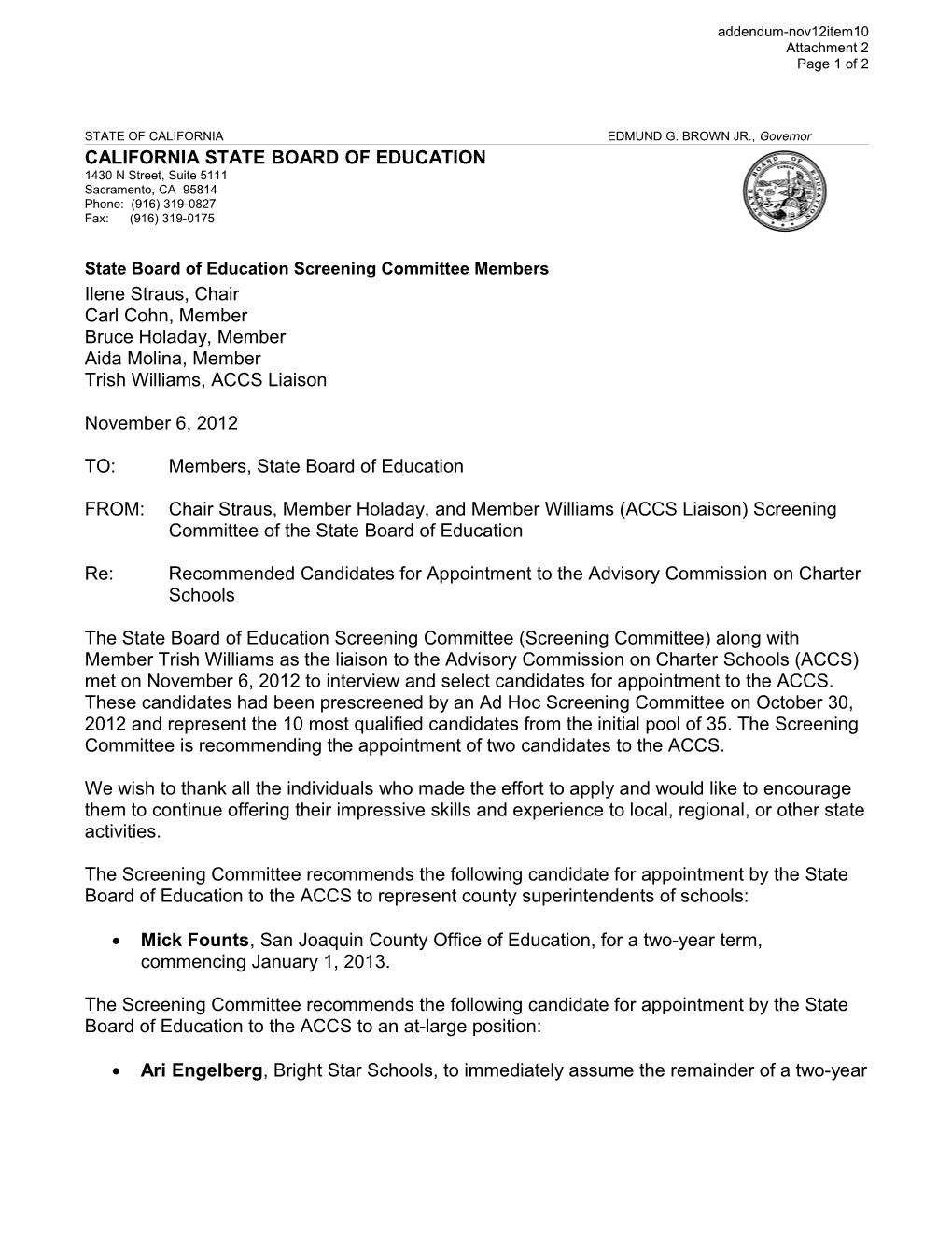 November 2012 Item 10 Attachment 02 - Meeting Agendas (CA State Board of Education)