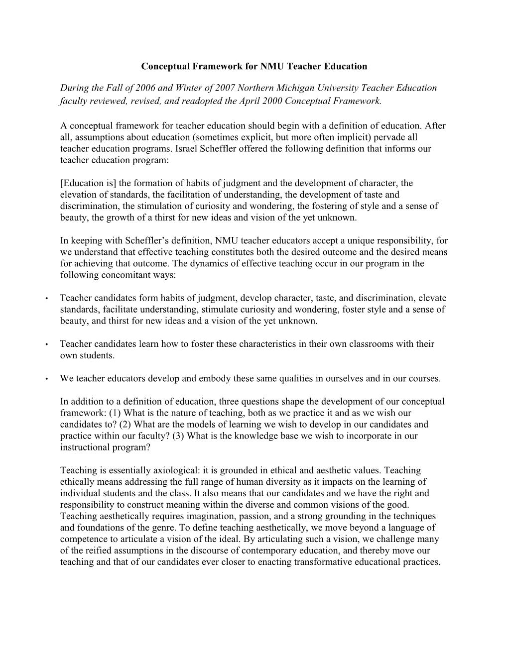 Conceptual Framework for NMU Teacher Education