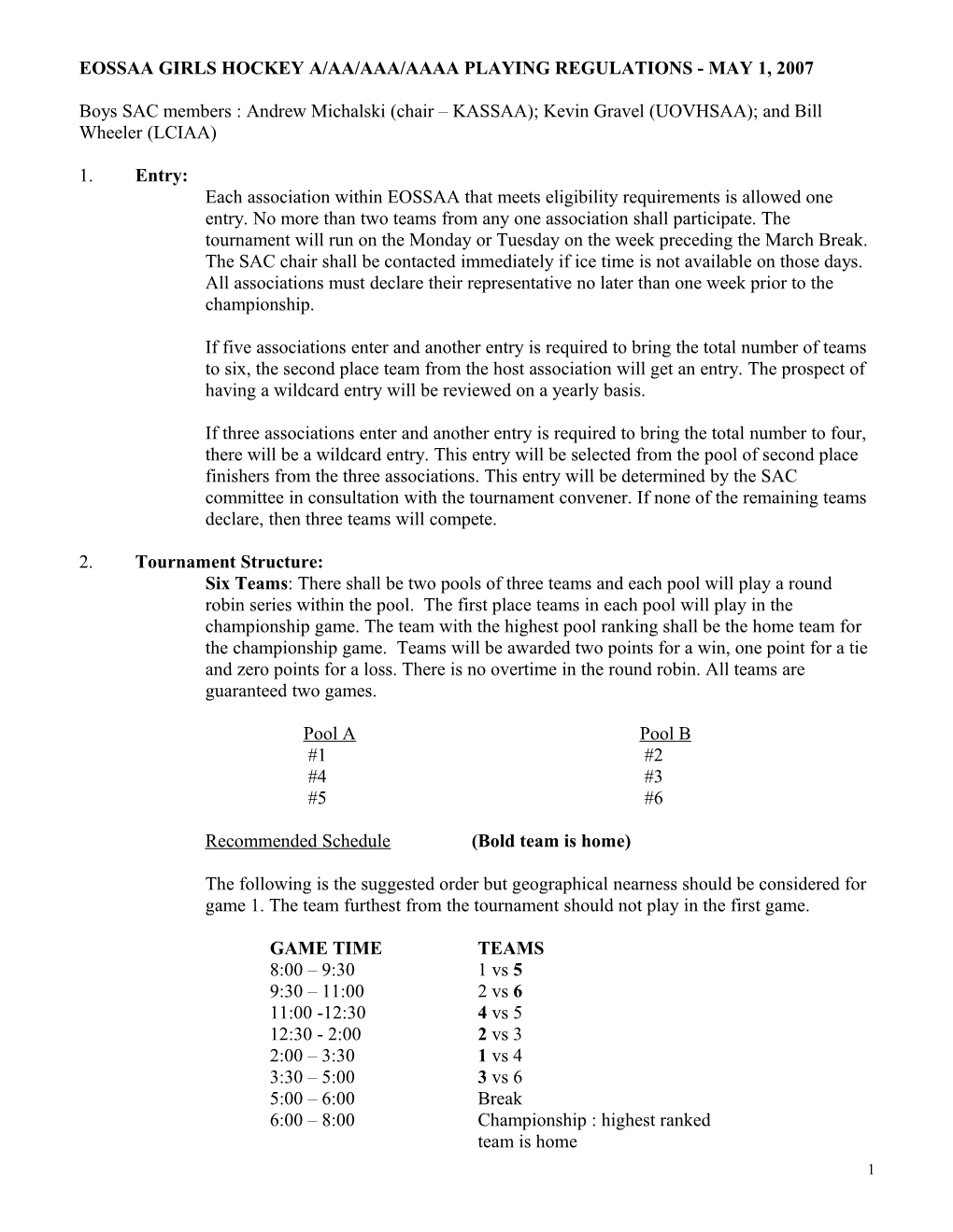 Eossaa Girls Hockey A/Aa/Aaa/Aaaa Playing Regulations - May 1, 2007