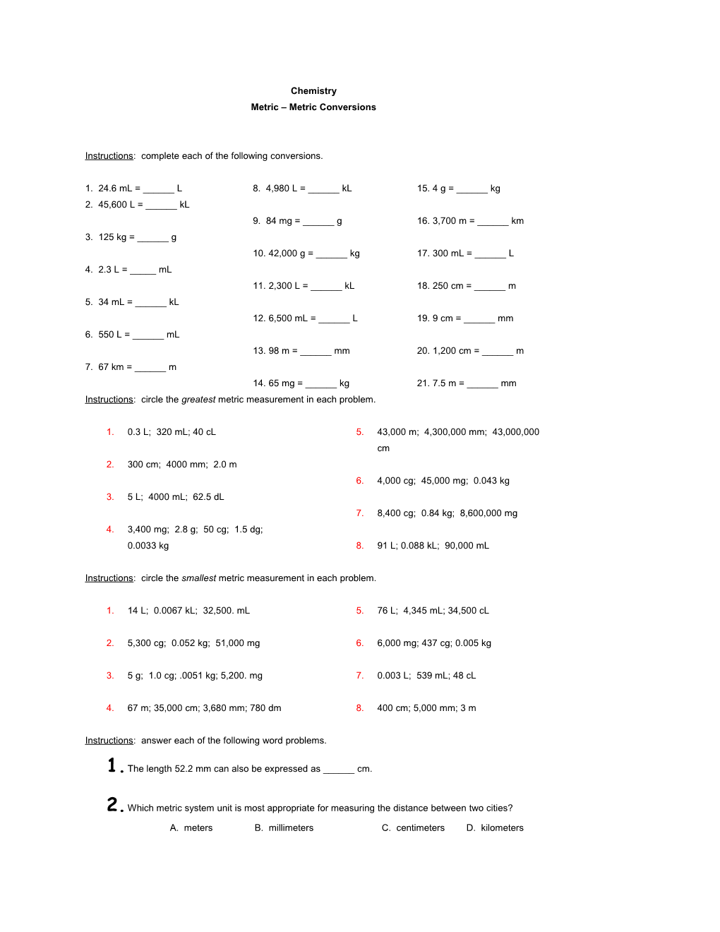 Metric Metric Conversions