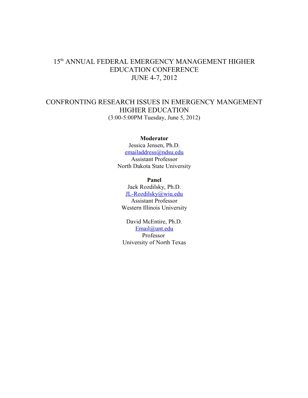 15Th ANNUAL FEDERAL EMERGENCY MANAGEMENT HIGHER EDUCATION CONFERENCE