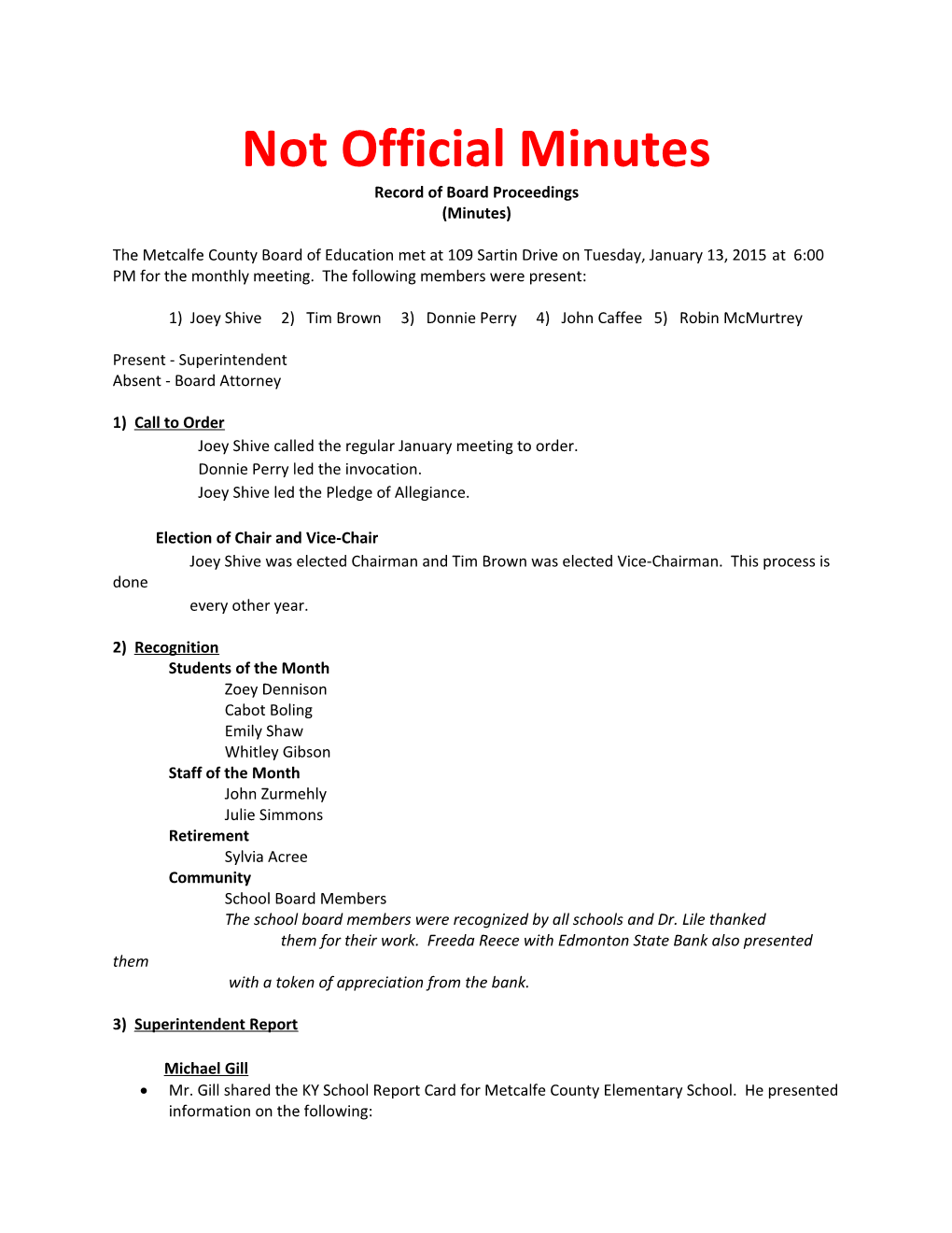 Not Official Minutes