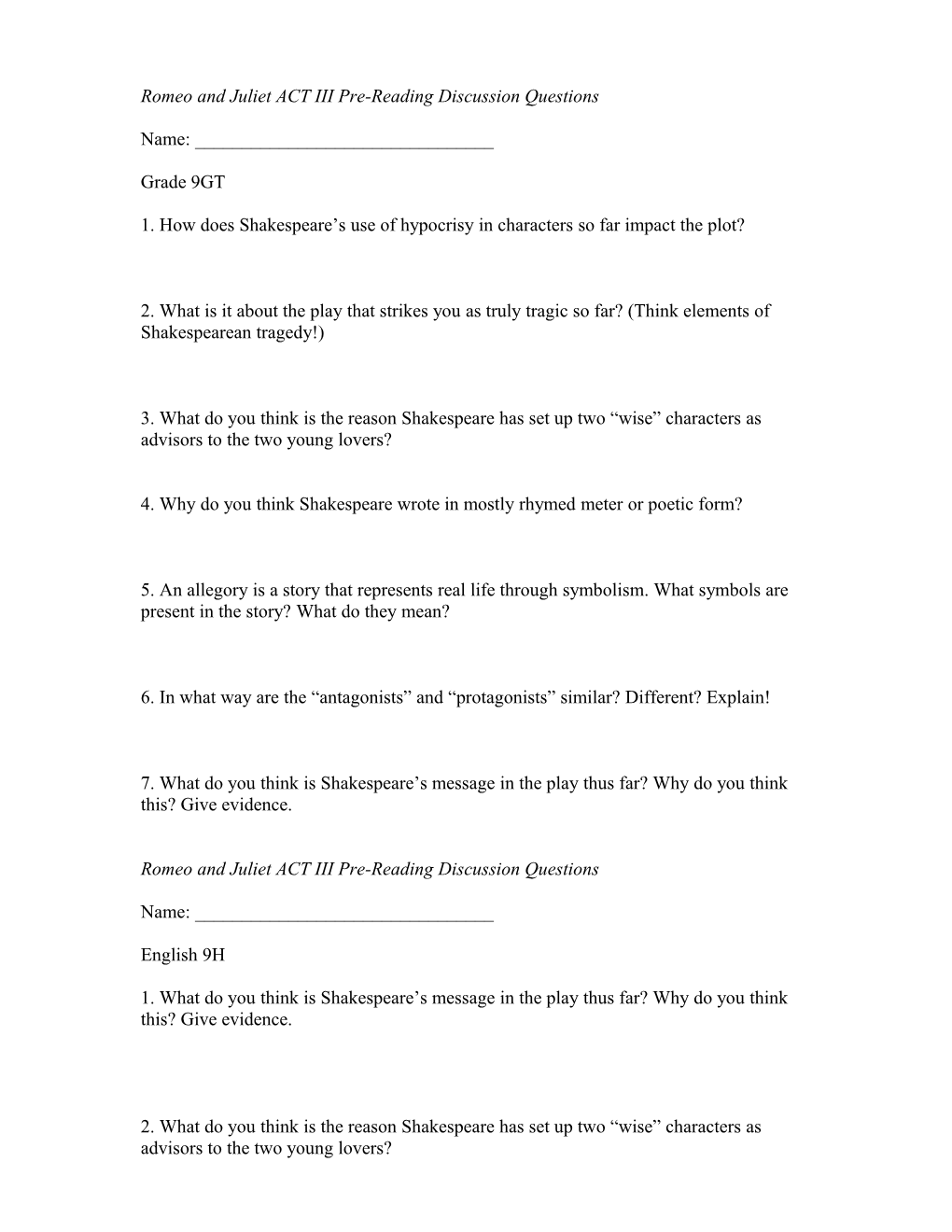 Romeo and Juliet ACT III Pre-Reading Discussion Questions