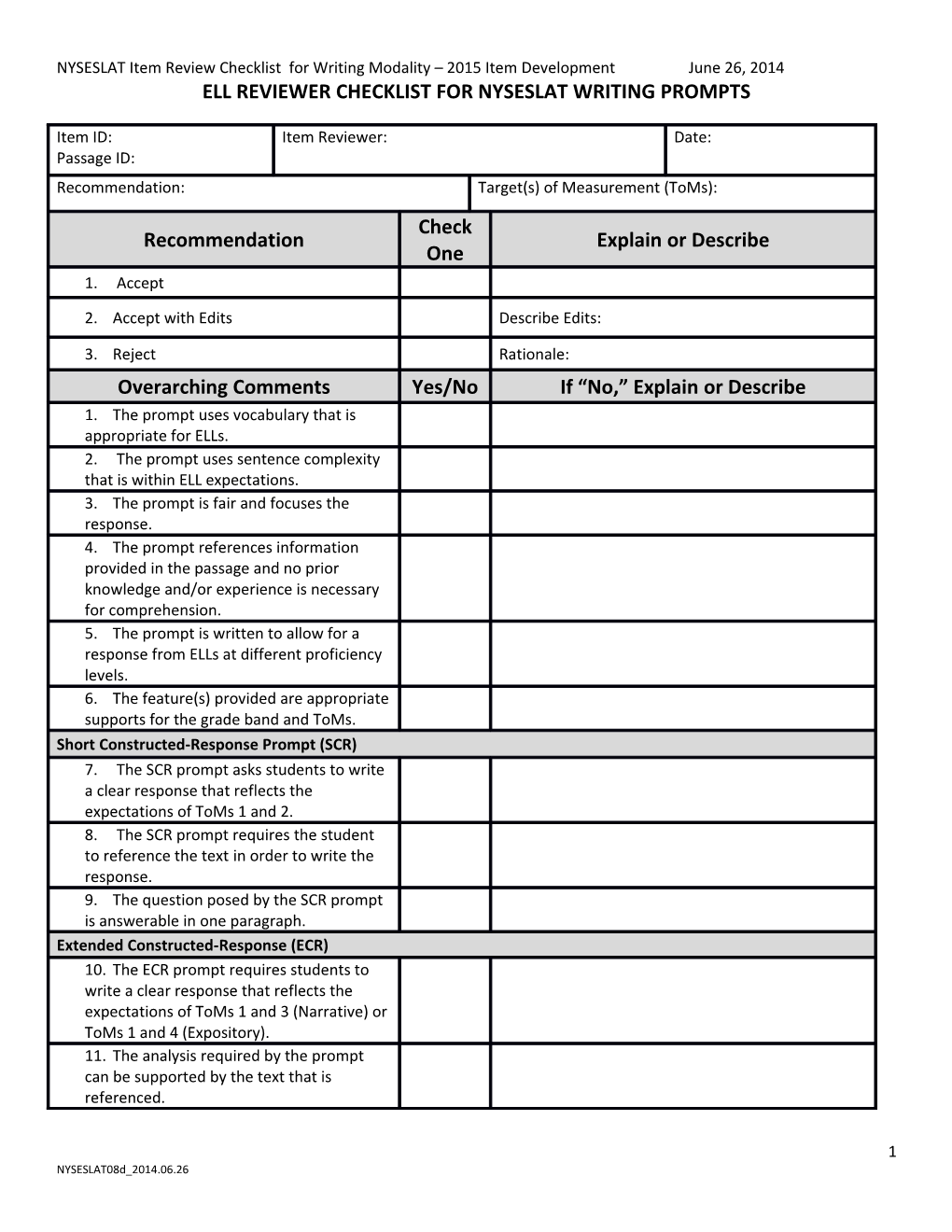 CONTENT ITEM REVIEW CHECKLIST for NYSESLAT WRITING Prompts