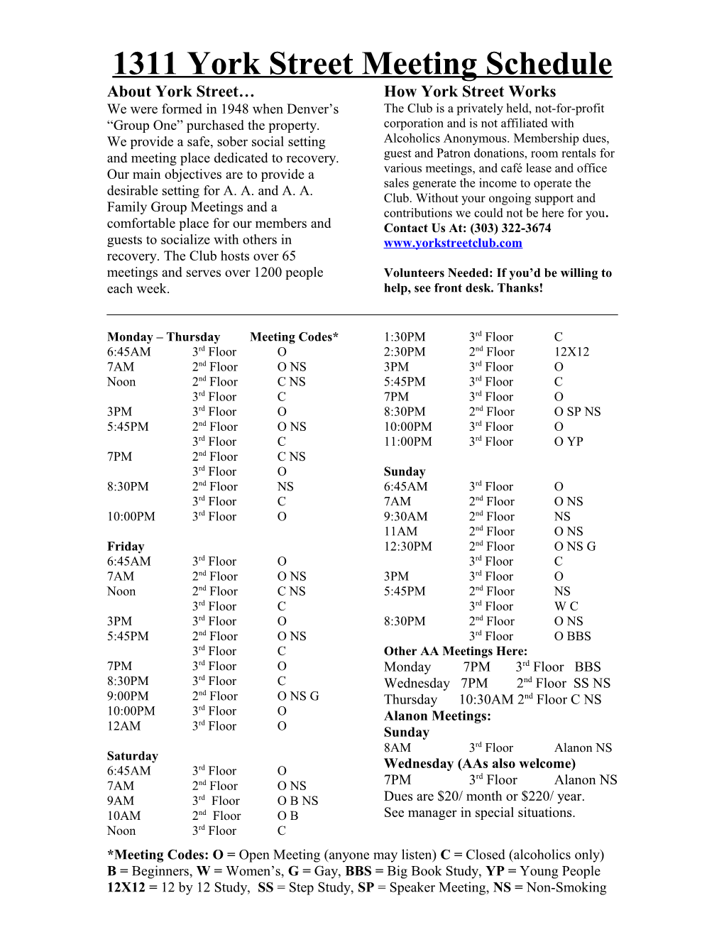 1311 York Street Meeting Schedule