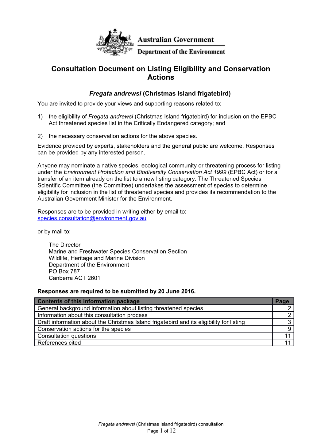 Consultation Document on Listing Eligibility and Conservation Actions Fregata Andrewsi