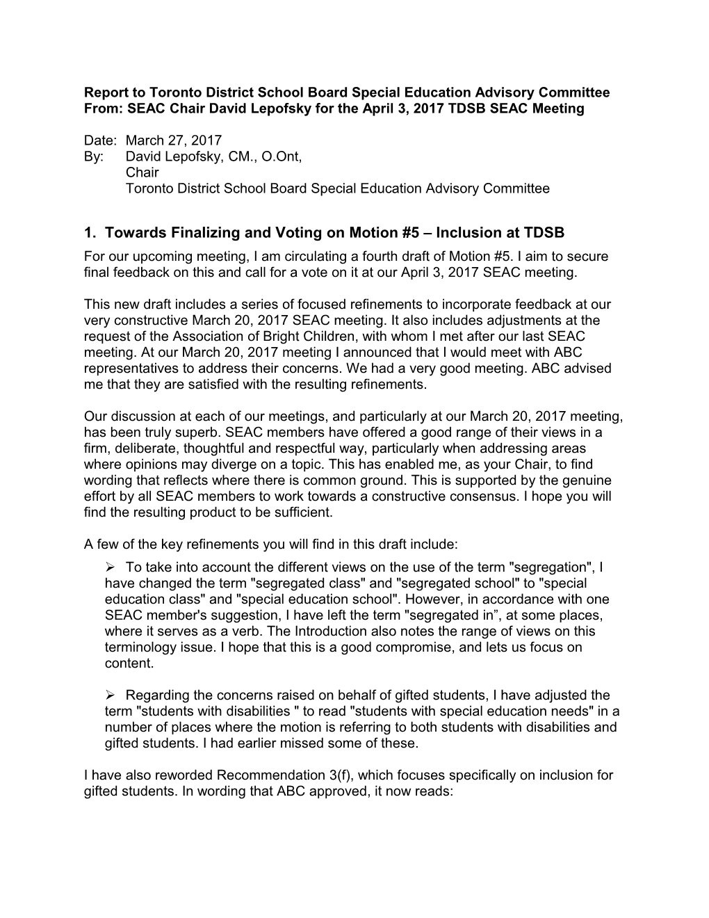 Report to Toronto District School Board Special Education Advisory Committee