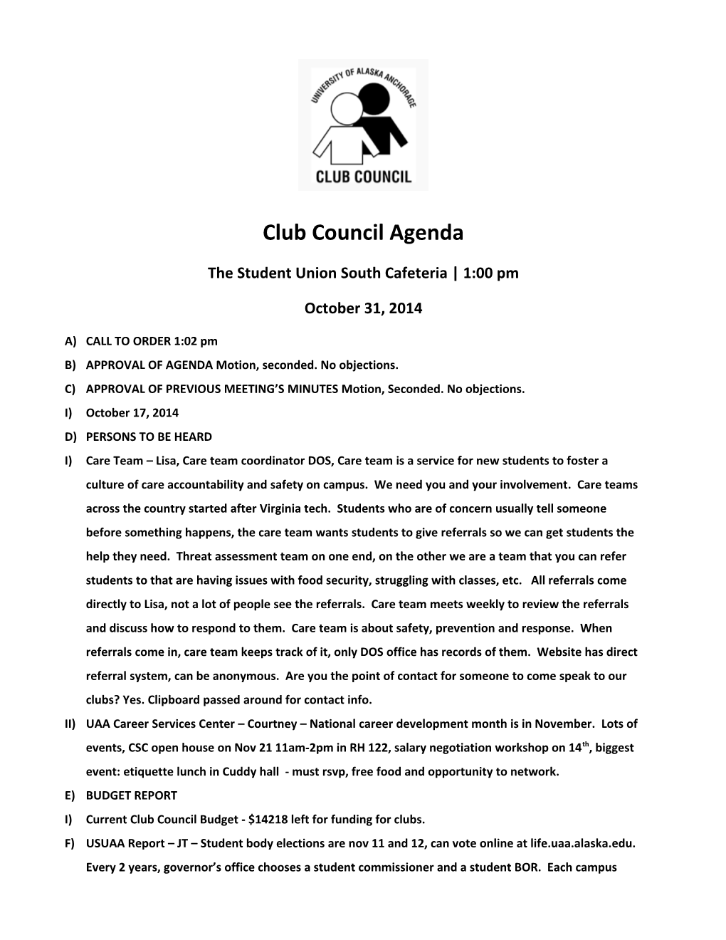 Club Council Agenda - April 4