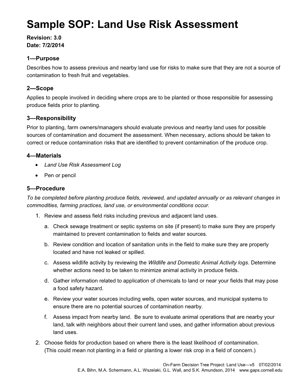 Sample SOP: Land Use Risk Assessment