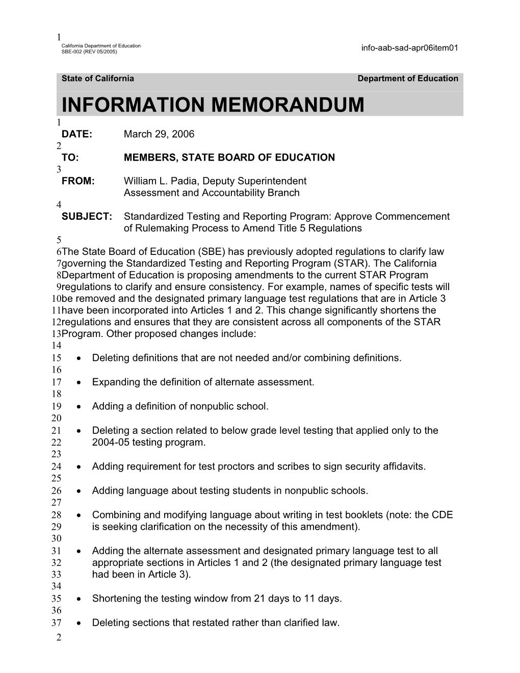 April 2006 Memorandum Item 01 - Information Memorandum (CA State Board of Education)