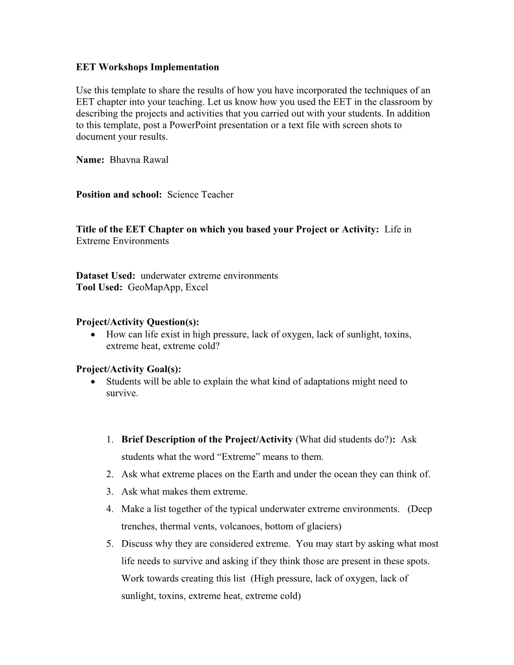 EET Workshops Implementation Sharing Template