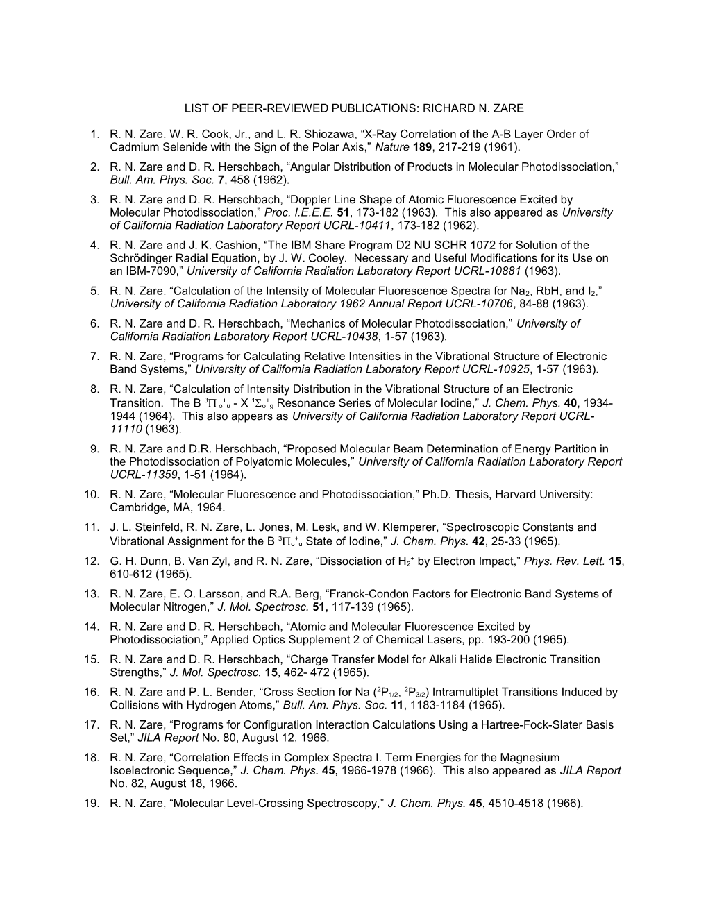List of Peer-Reviewed Publications: Richard N. Zare
