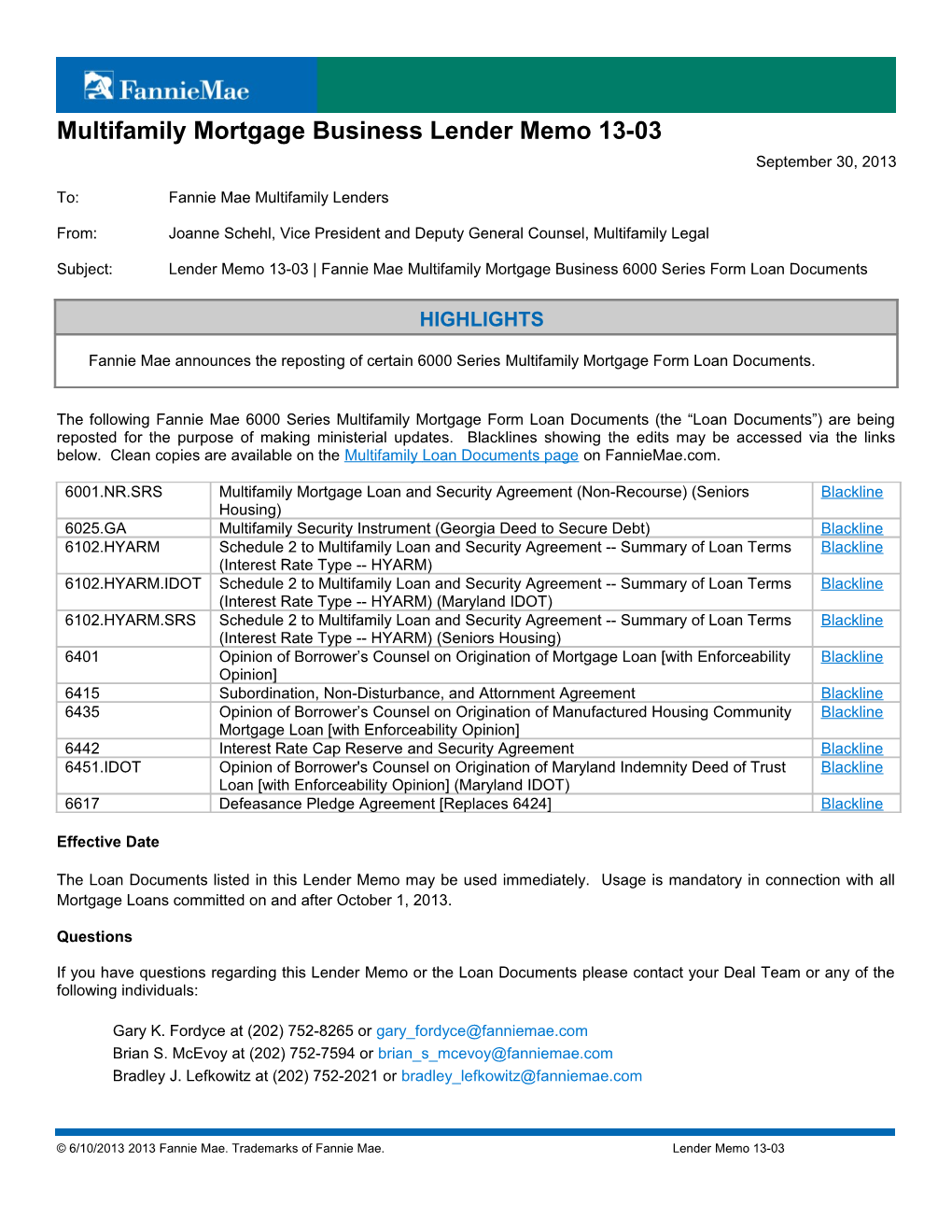 Multifamily Mortgage Business Lender Memo 13-03