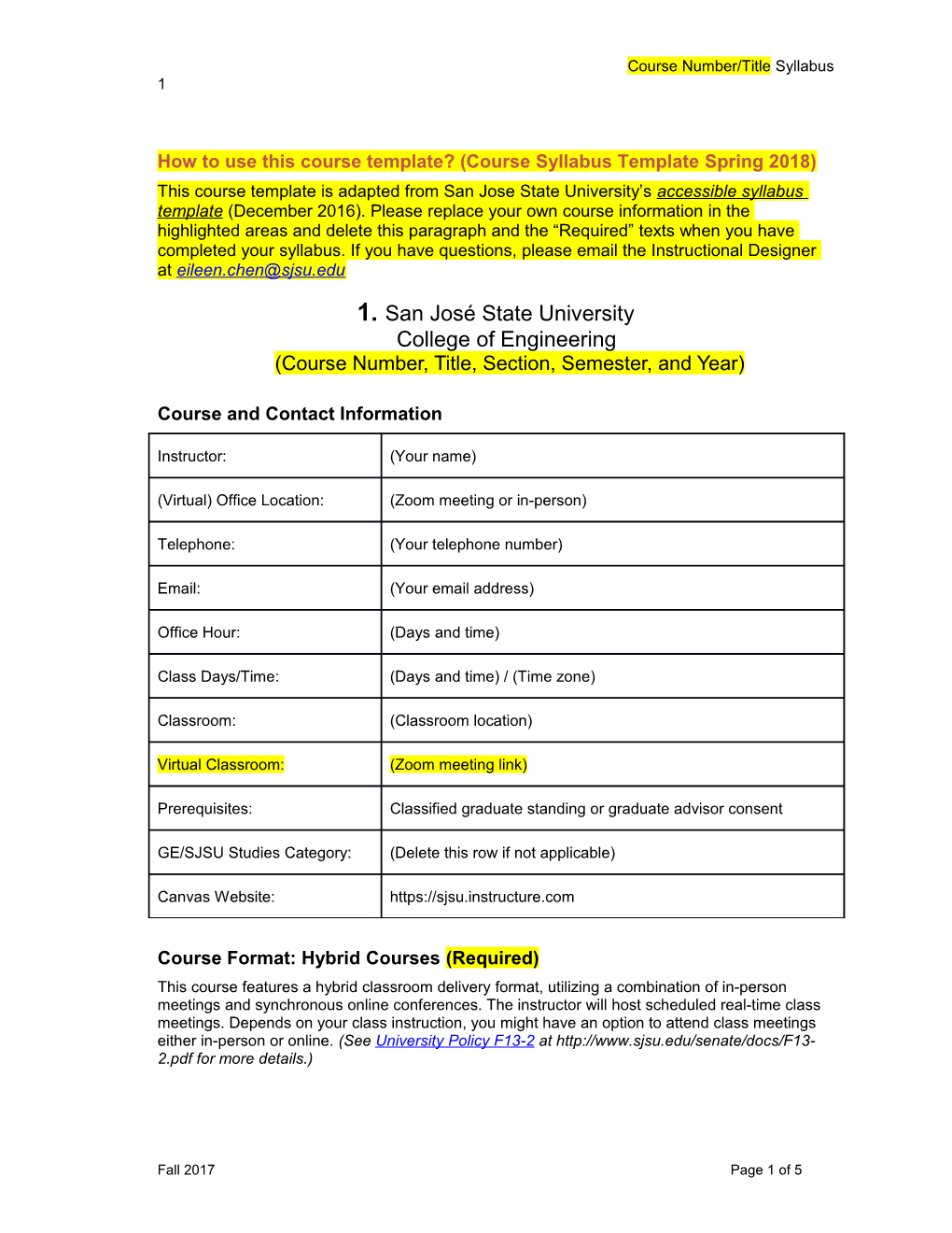 How to Use This Course Template?(Course Syllabus Template Spring 2018)