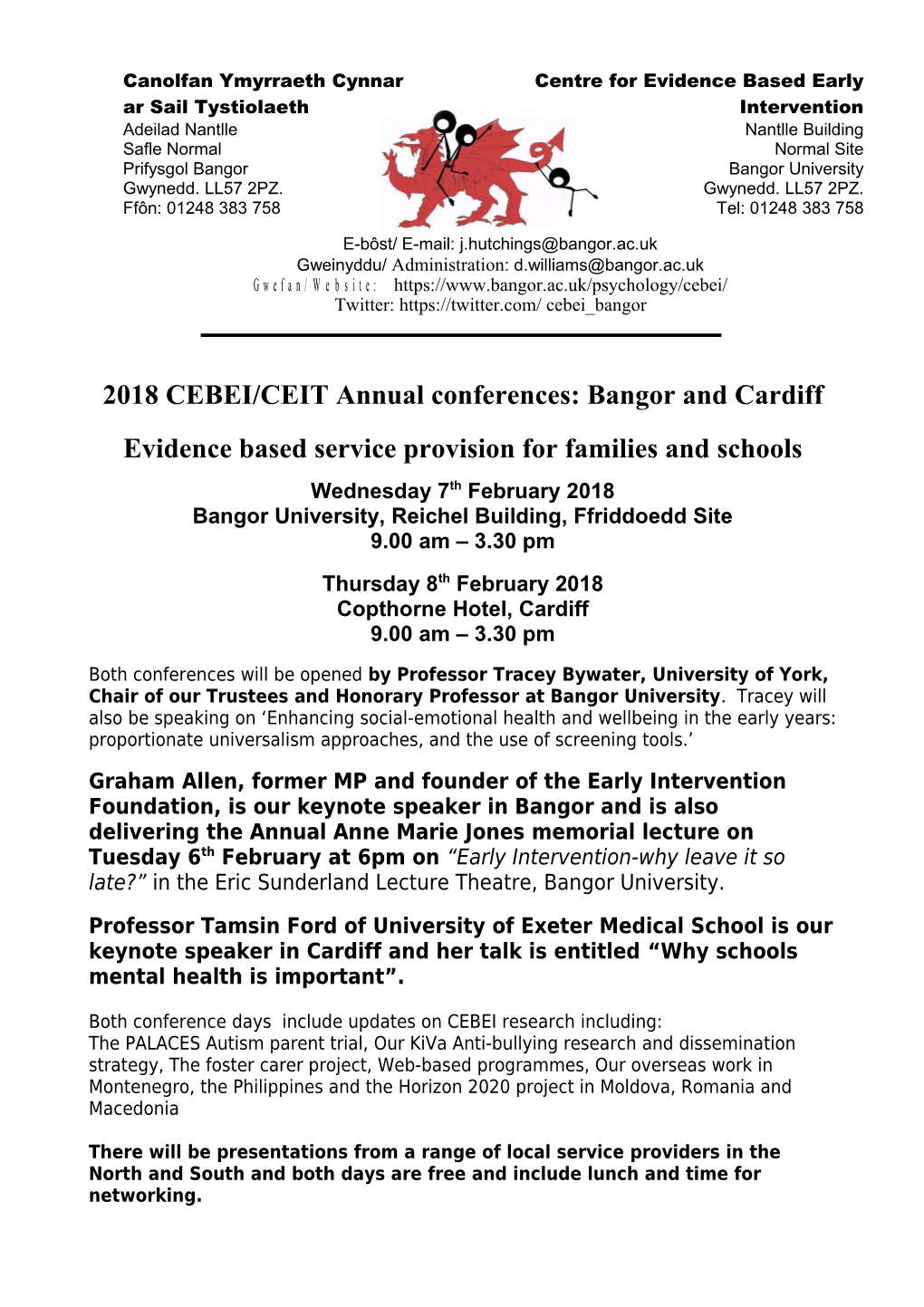 2018 CEBEI/CEIT Annual Conferences: Bangor and Cardiff