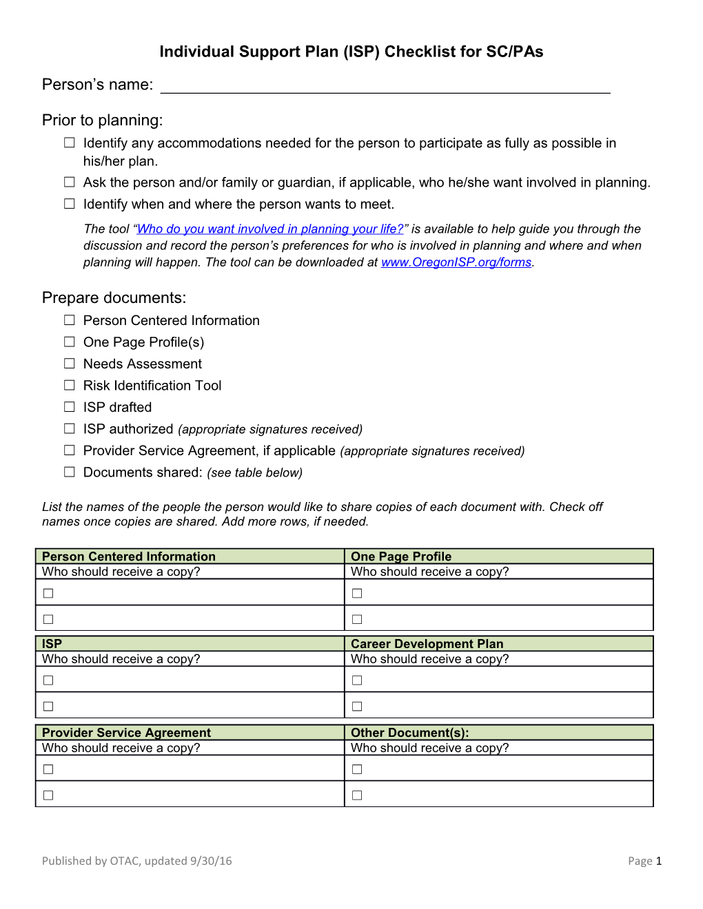 Individual Support Plan (ISP) Checklist for SC/Pas