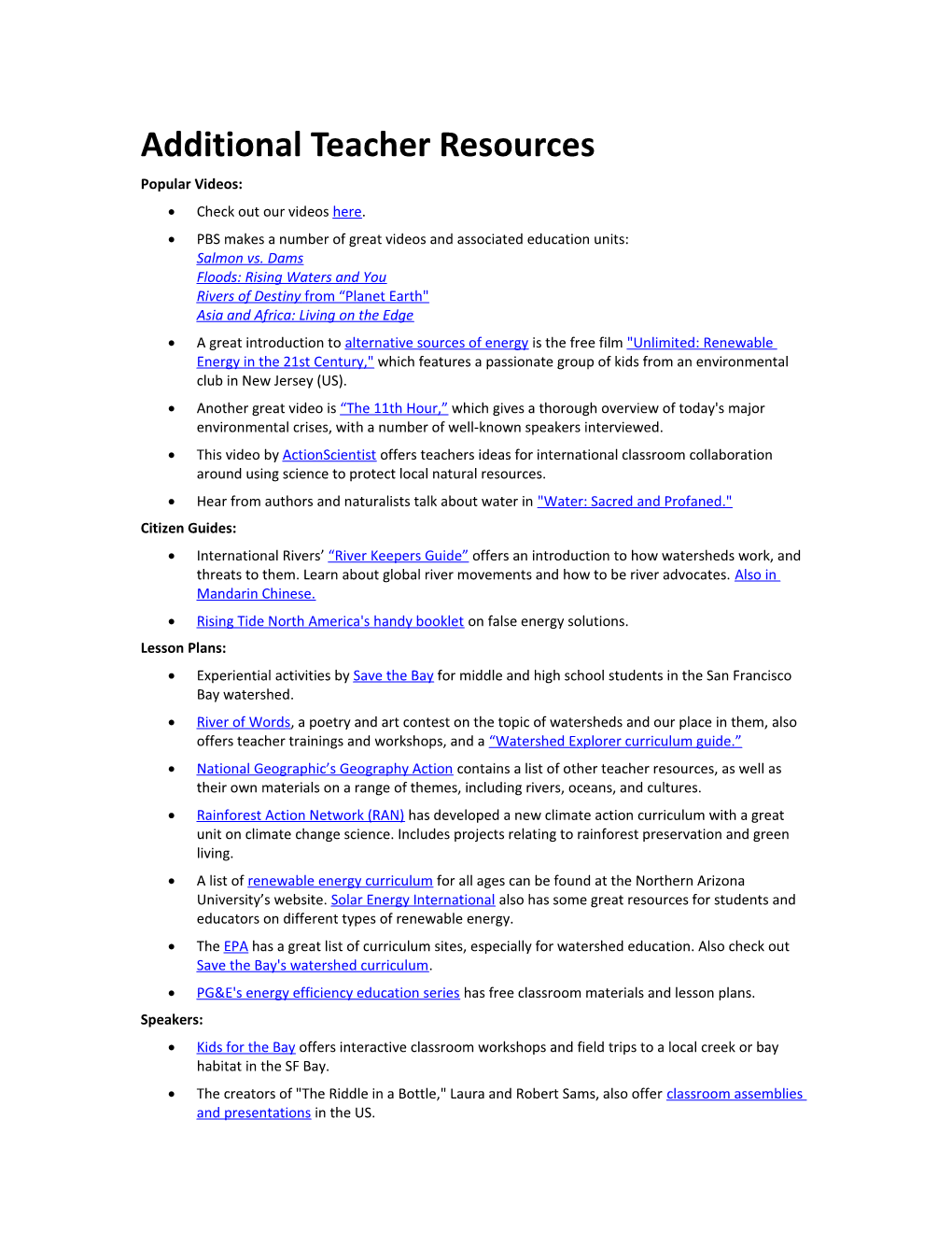 Additional Teacher Resources