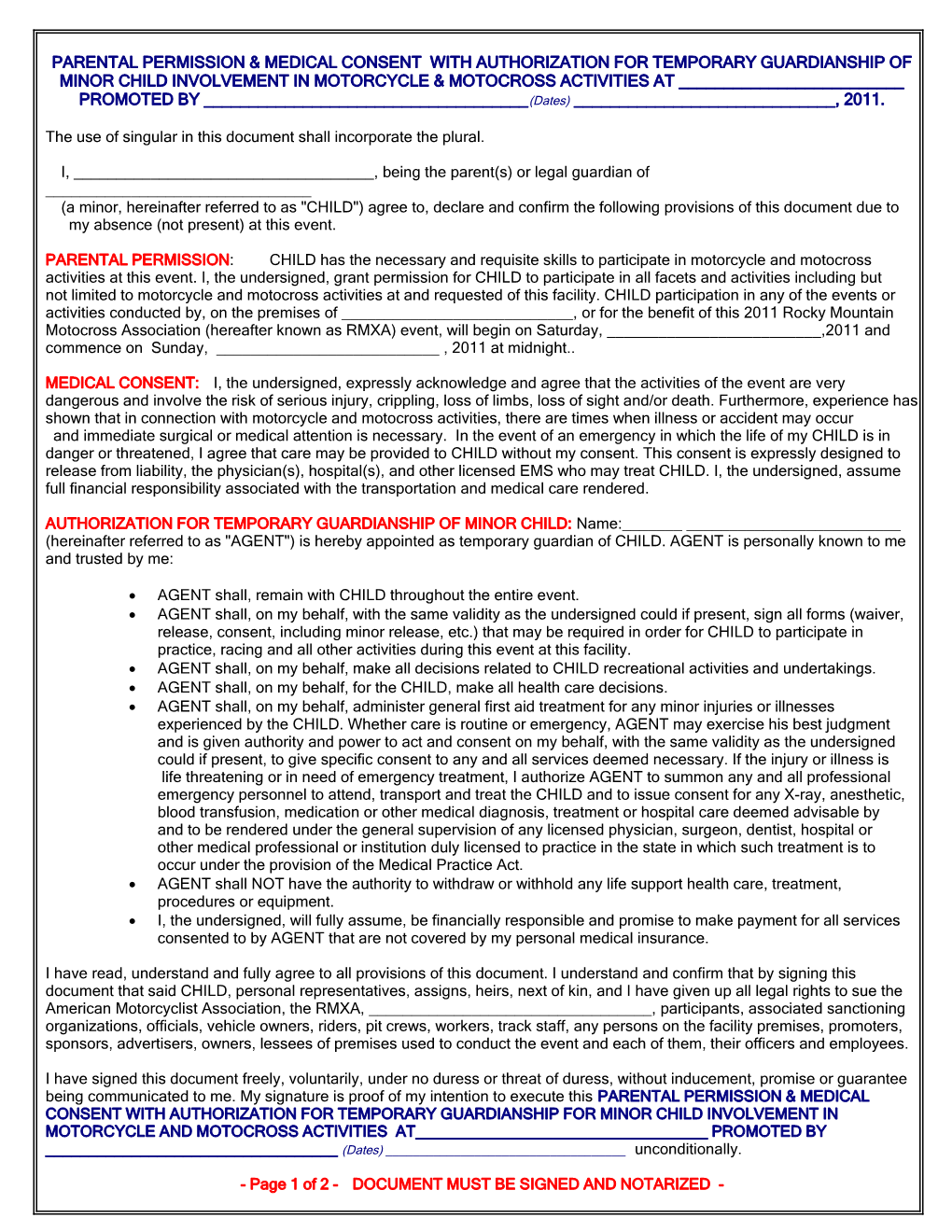 Parental Permission & Medical Consent with Authorization for Temporary Guardianship Of