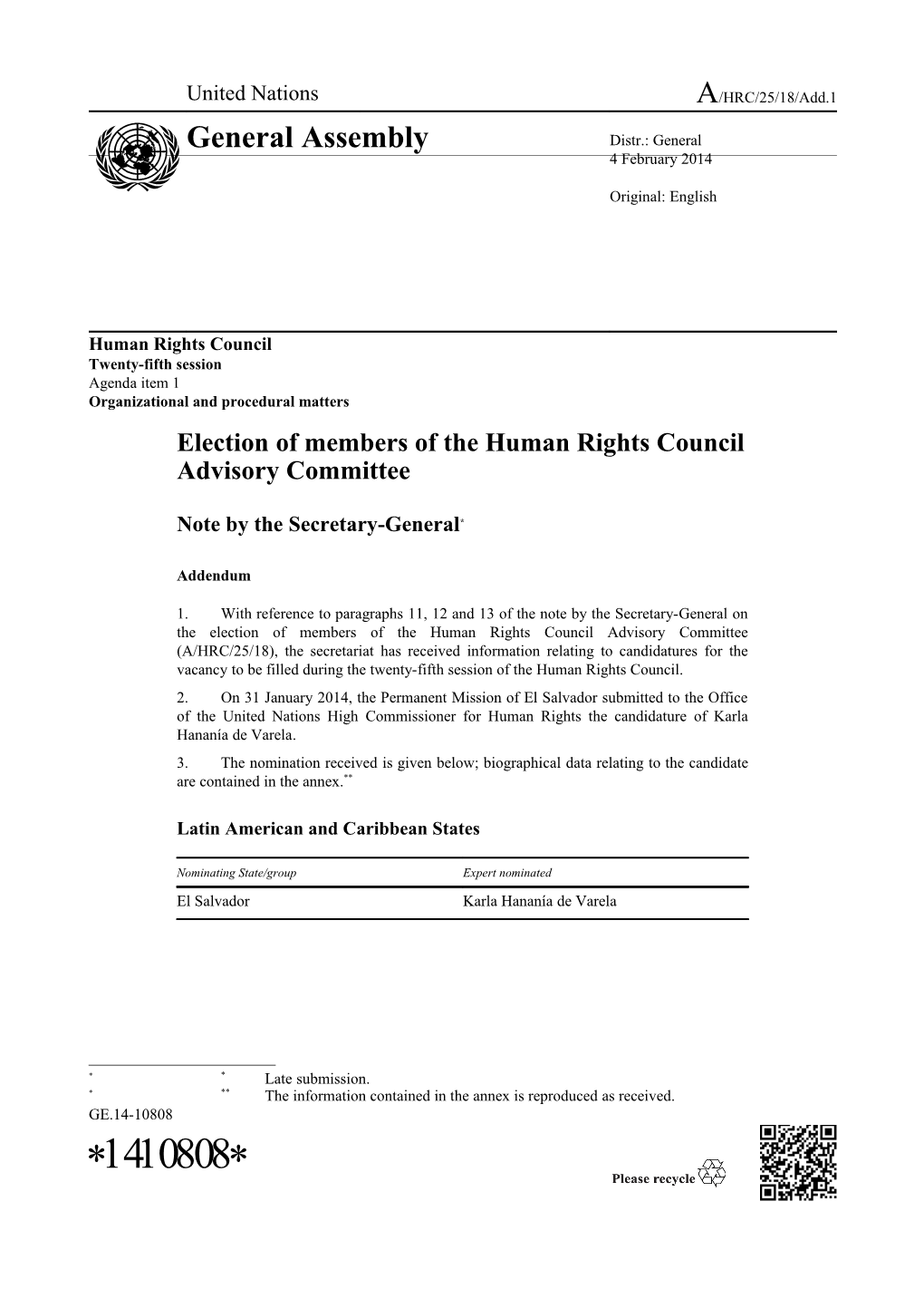 Election of Members of the Human Rights Council Advisory Committee, Note by The
