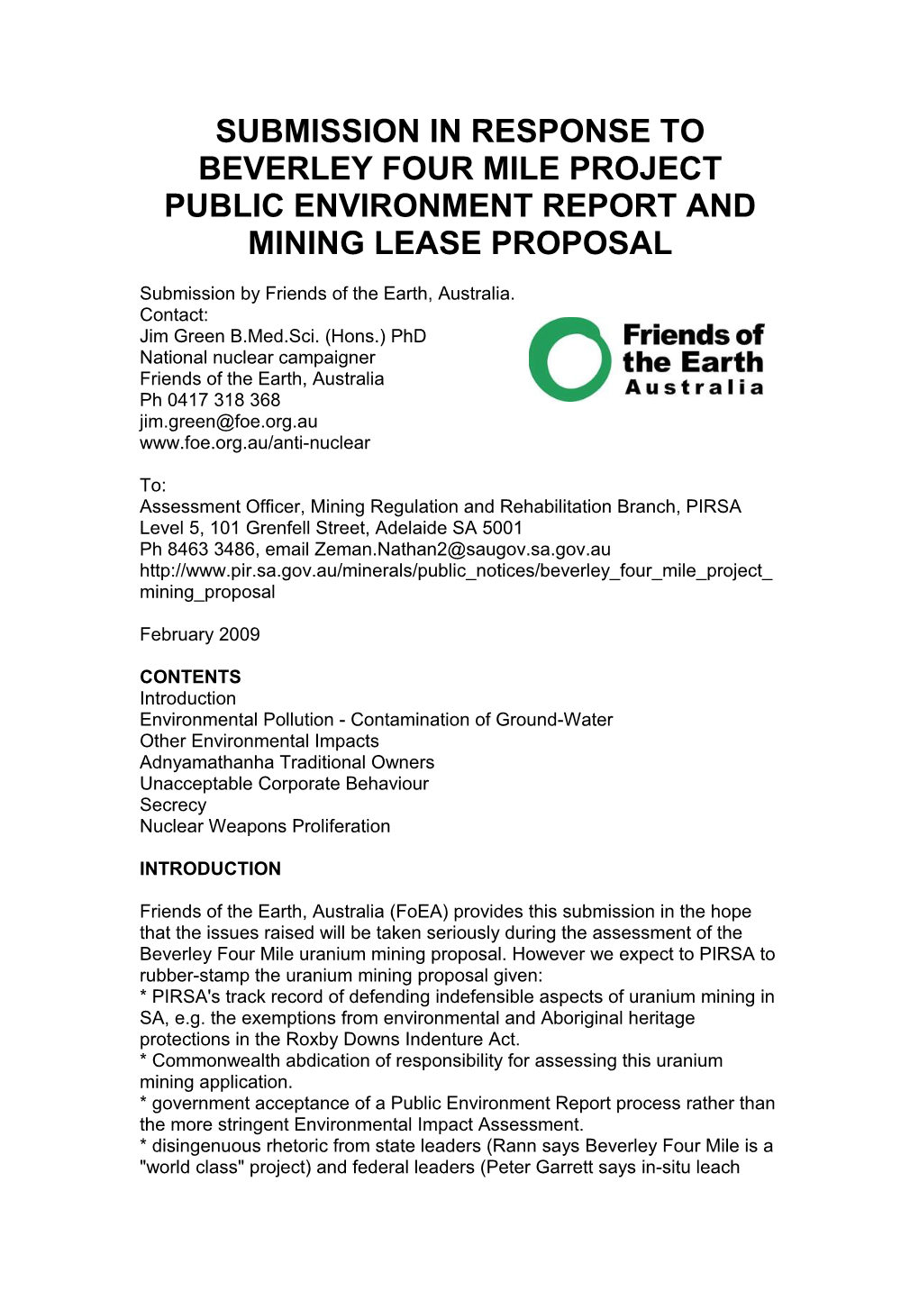 SUBMISSION in RESPONSE to Beverley Four Mile Project Public Environment Report and Mining