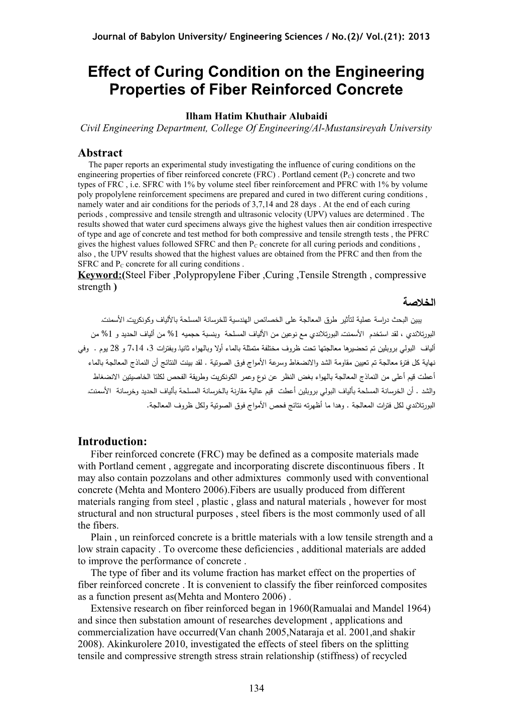 Effect of Curing Condition on the Engineering Properties of Fiber Reinforced Concrete