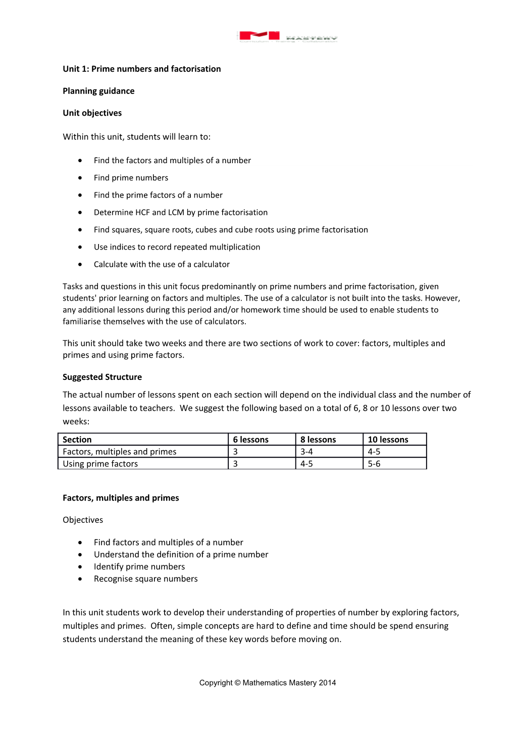 Unit 1: Prime Numbers and Factorisation