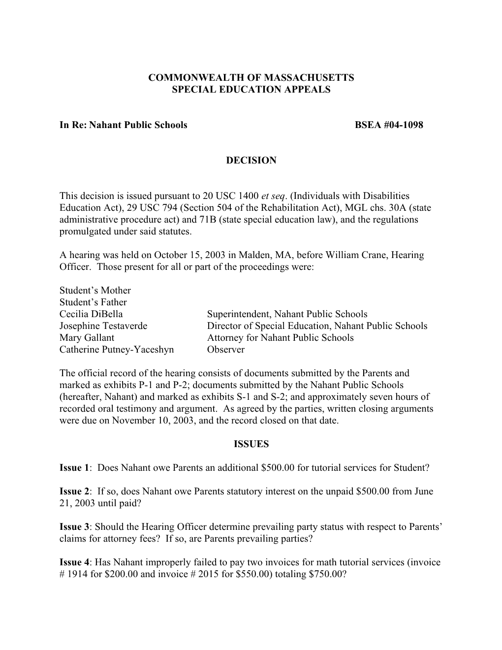 Special Education Appeals BSEA #04-1098