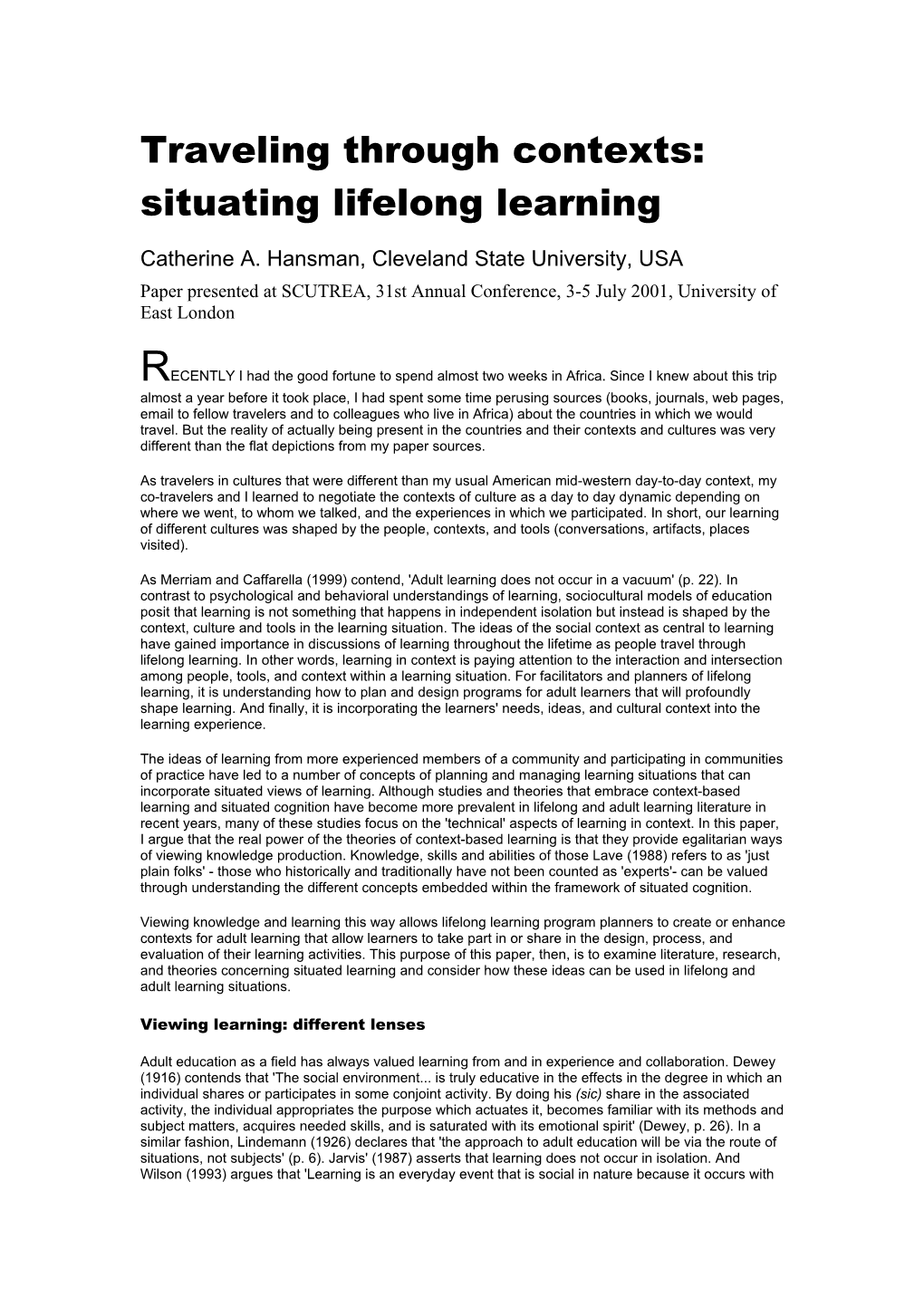 Traveling Through Contexts: Situating Lifelong Learning