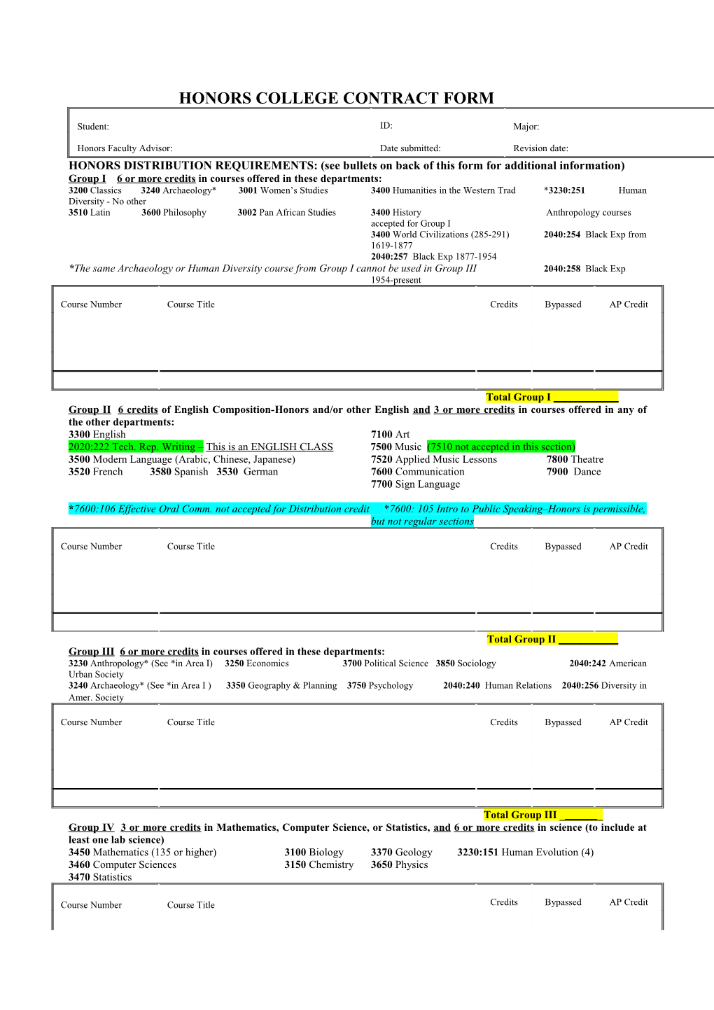 University Honors Program Contract Form