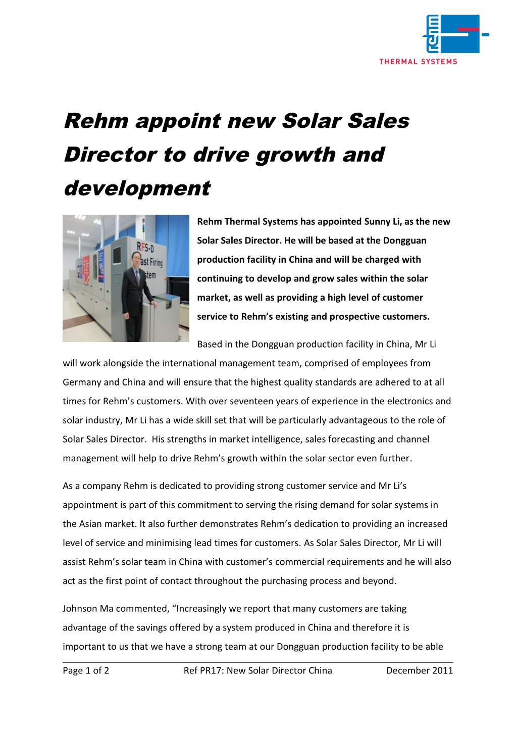 Rehm Appoint New Solar Sales Director to Drive Growth and Development
