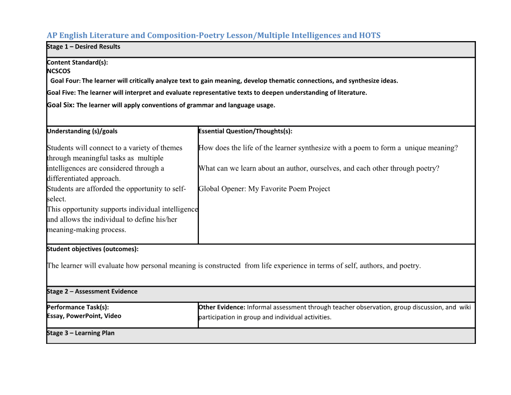 AP English Literature and Composition-Poetry Lesson/Multiple Intelligences and HOTS