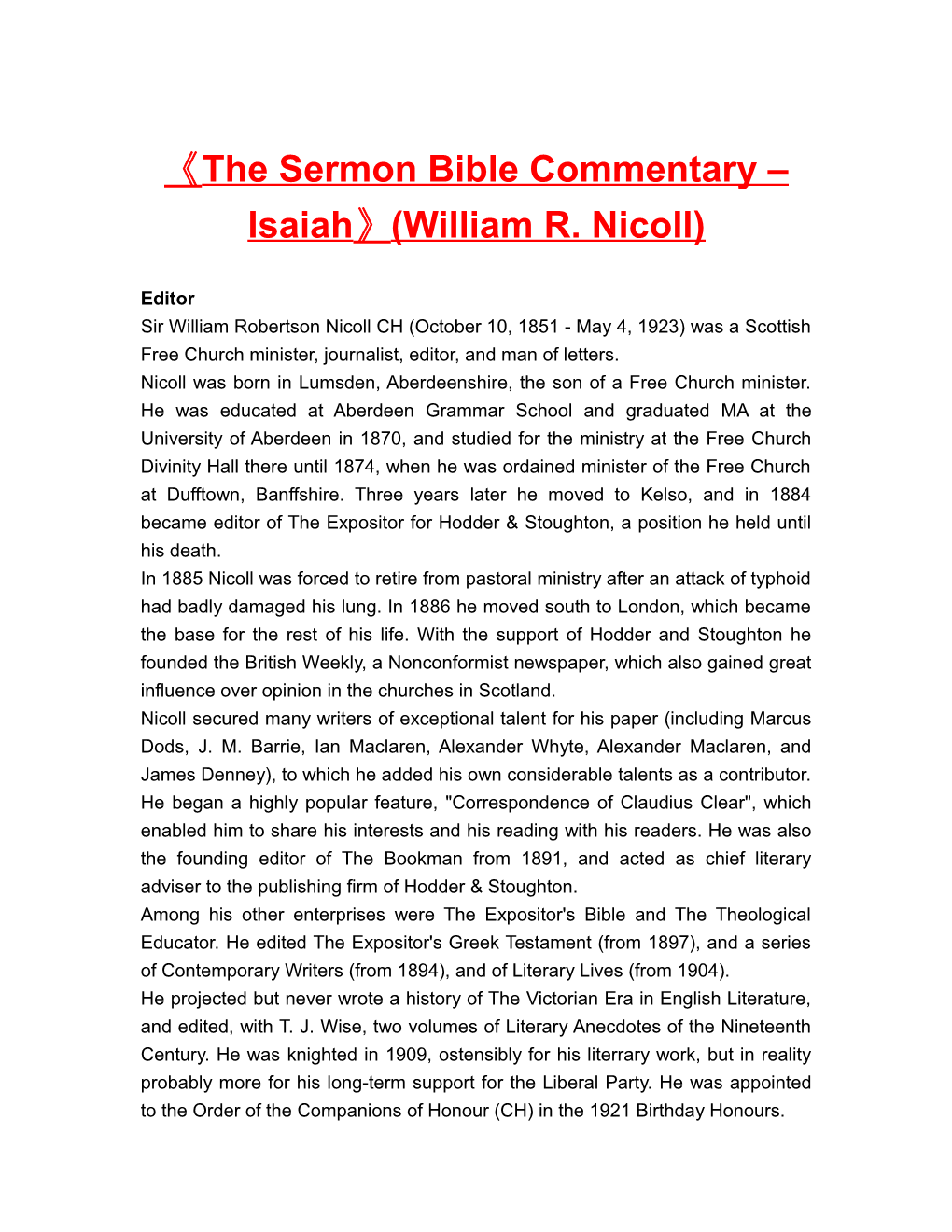 The Sermon Bible Commentary Isaiah (William R. Nicoll)
