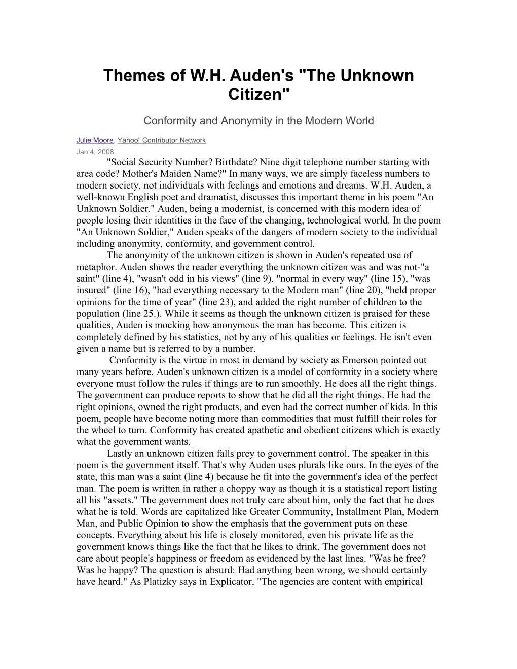 Themes of W.H. Auden's the Unknown Citizen