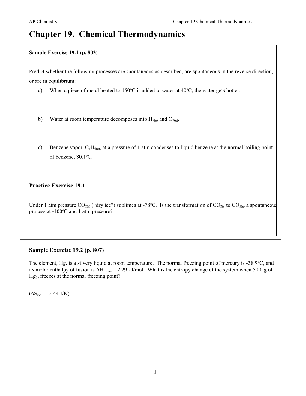 AP Chemistry Chapter 19 Chemical Thermodynamics