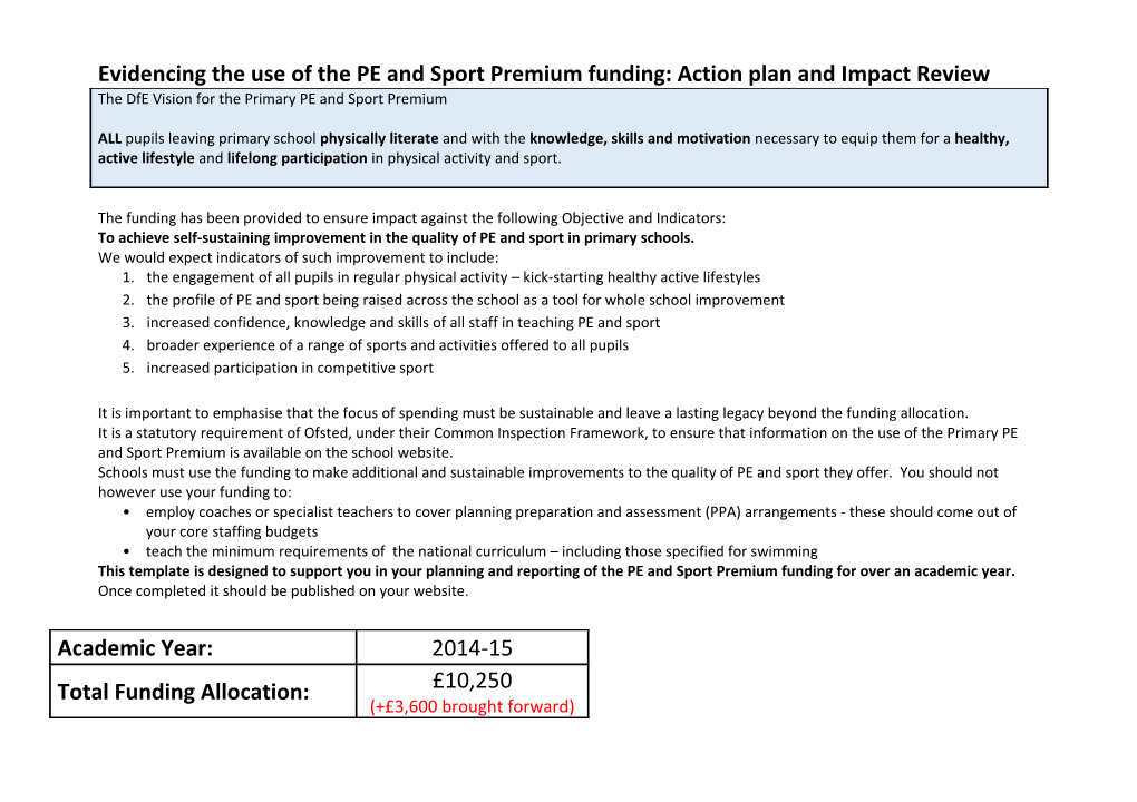 Evidencing the Use of the PE and Sport Premium Funding: Action Plan and Impact Review