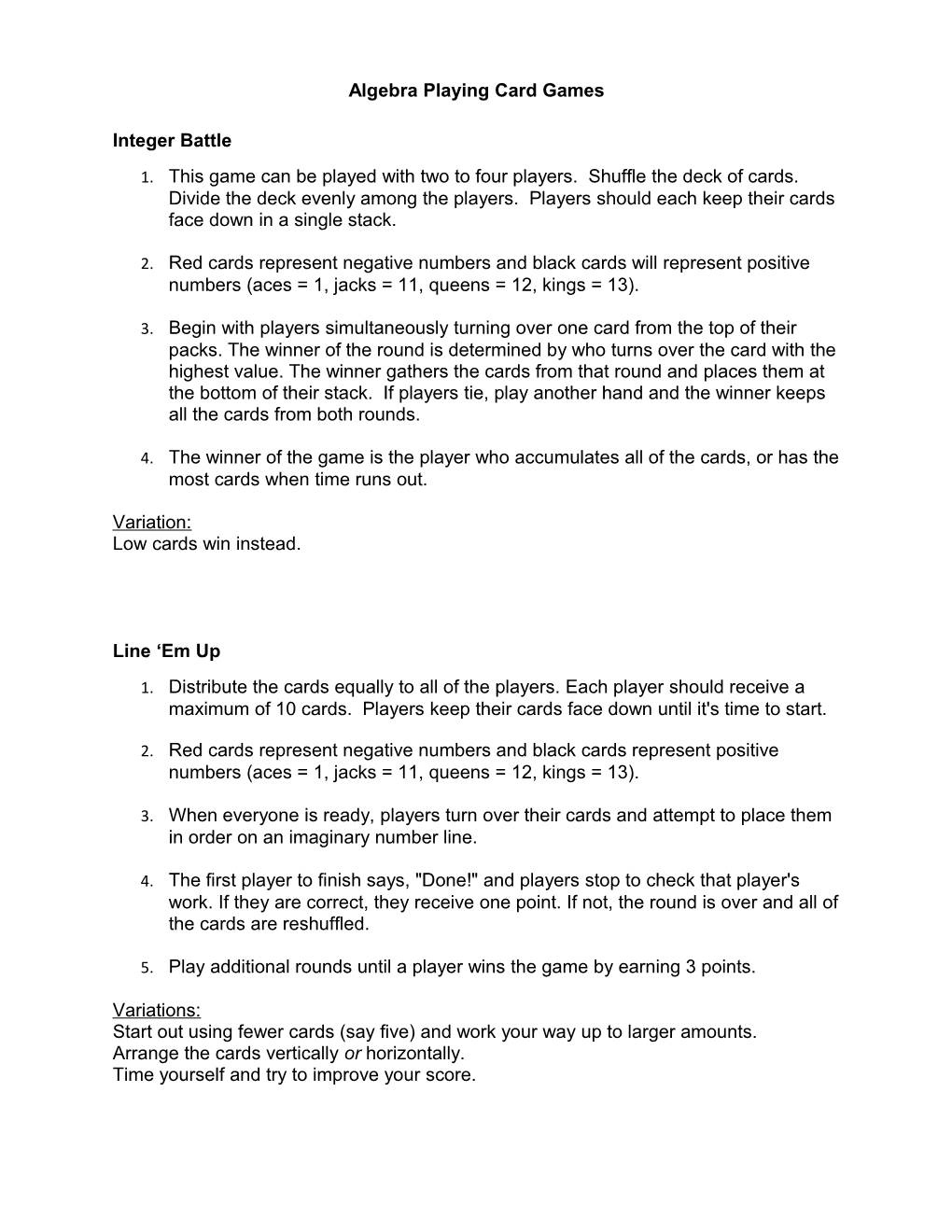 Algebra Playing Card Games