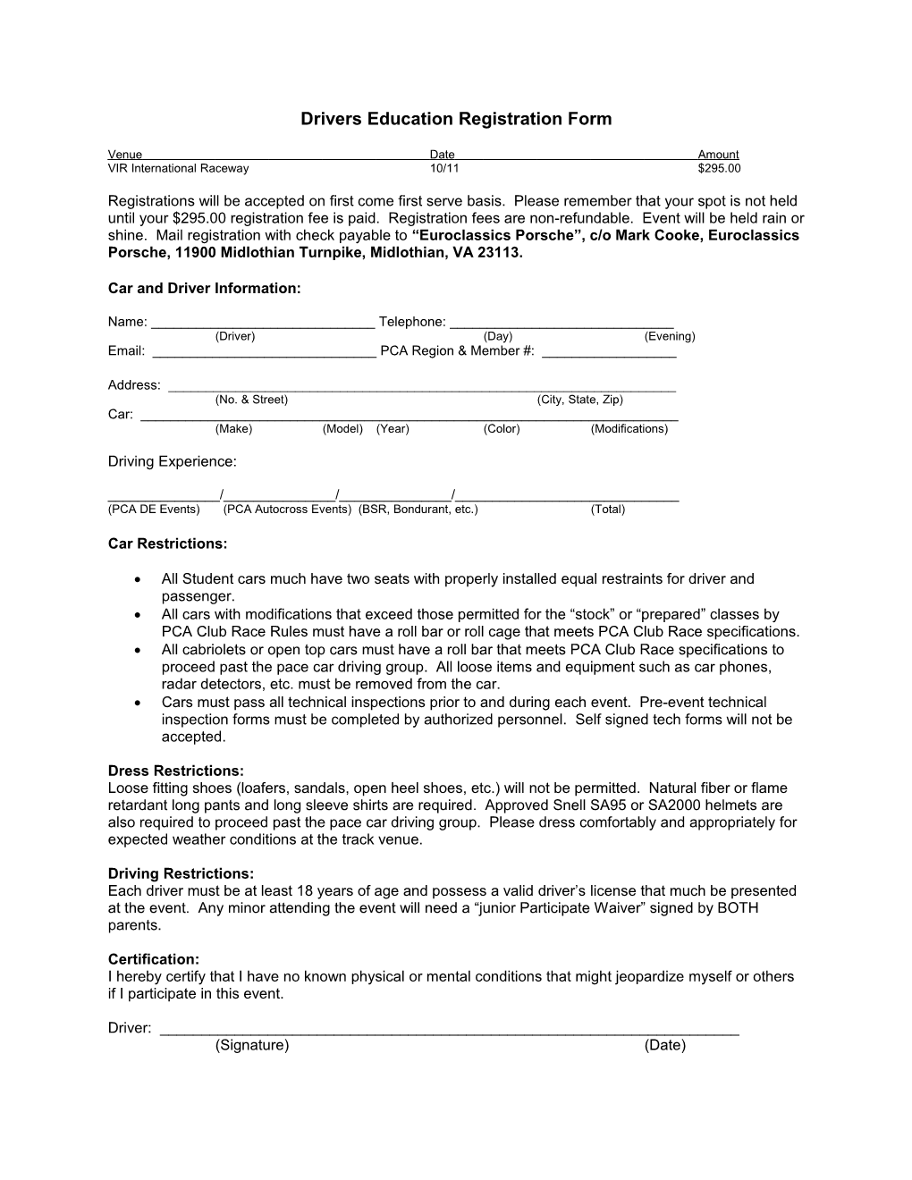 Drivers Education Registration Form