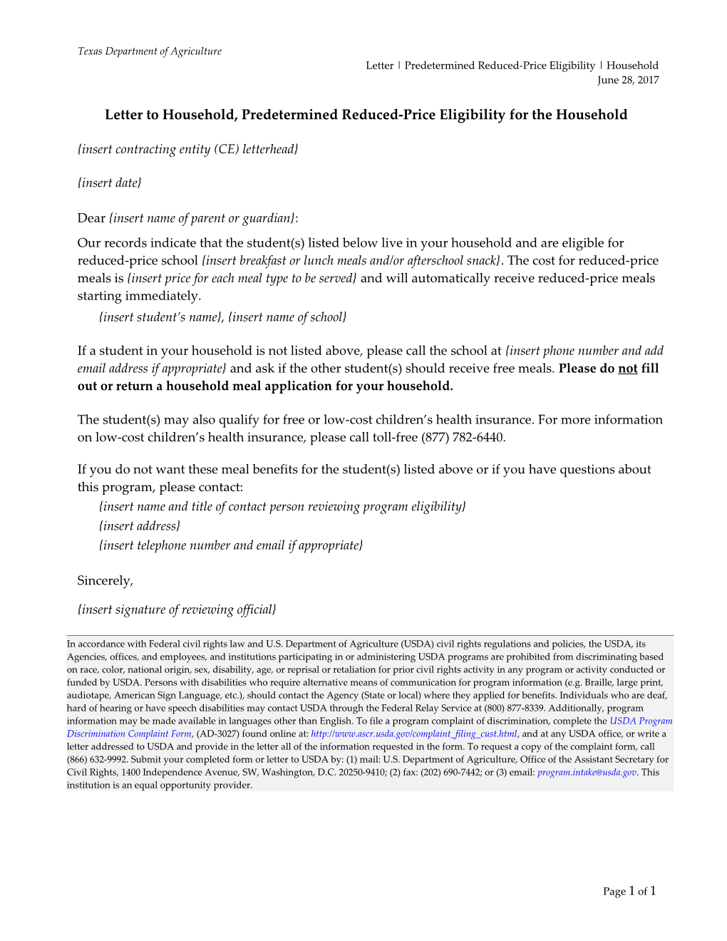 Letter to Household, Predetermined Reduced-Price Eligibility for the Household