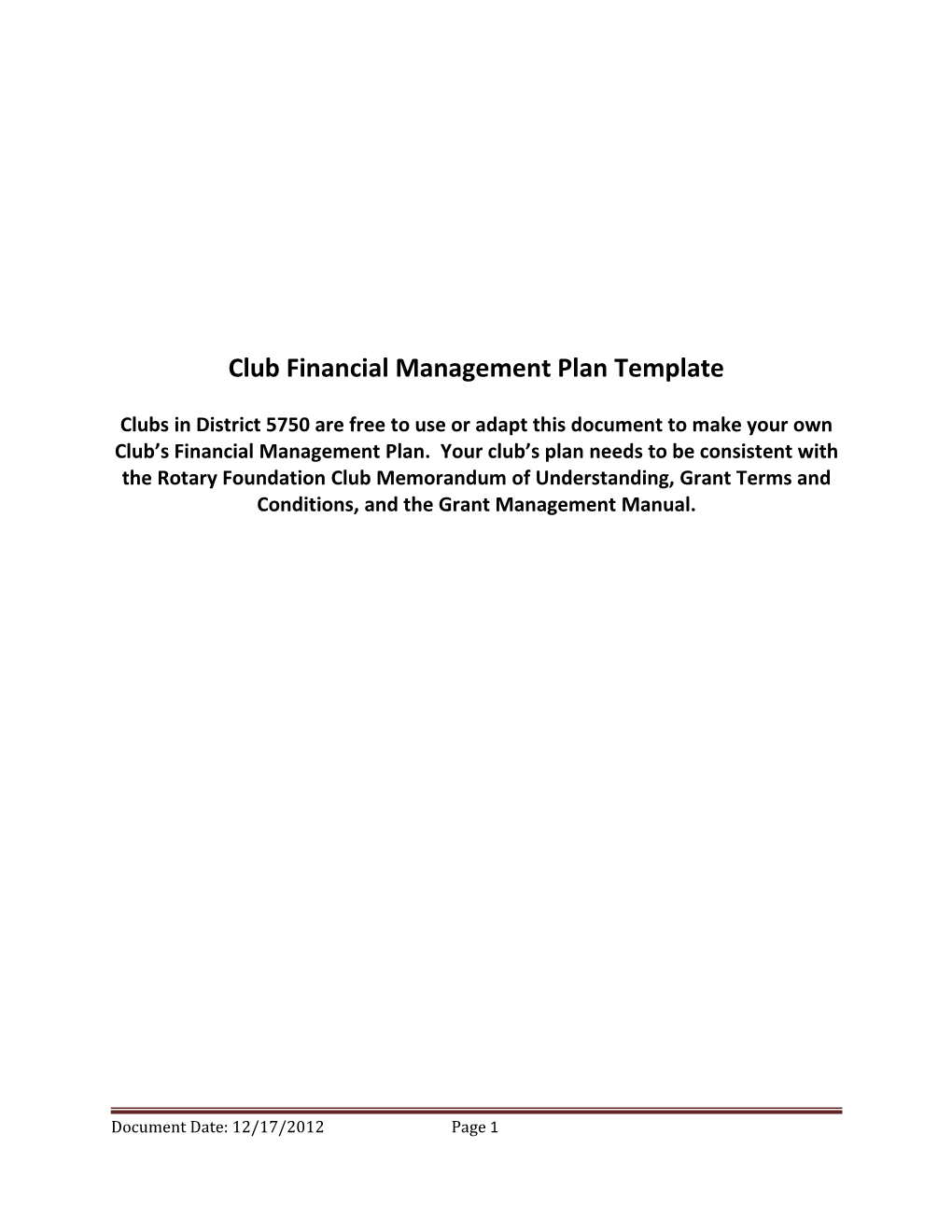 Club Financial Management Plan Template