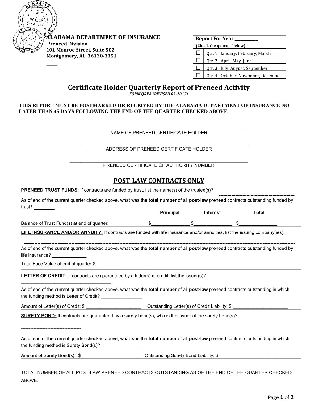 Certificate Holder Quarterlyreport of Preneed Activity