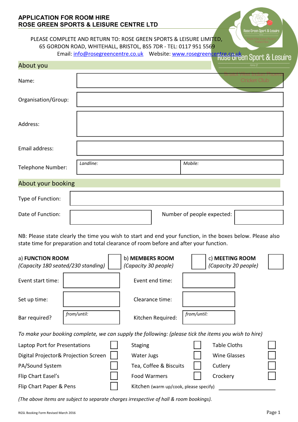 Application for Hire Rose Green Sports & Leisure